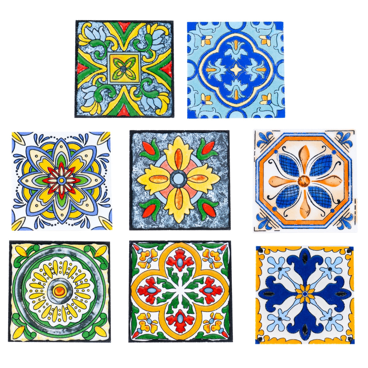 Eight Elegant Portuguese Tile-Inspired Ceramic & Cork Coasters by Meninas Bonitas Cork, featuring vibrant floral and geometric patterns, are arranged in two rows on a white background. Product: Set of 8 L-1099.