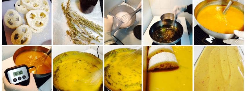A step-by-step collage shows making a yellow sauce or custard: slicing bread, preparing herbs, mixing in Daki Olive Oil Soap with Cinnamon and Pepper, heating, blending, checking temperature, covering, and pouring the finished sauce.
