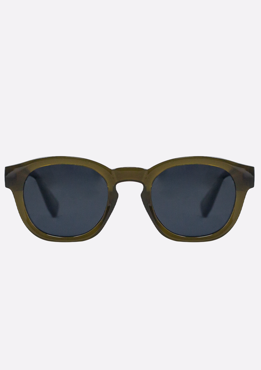 Oceanides Atlas Low Green Sunglasses feature olive green unisex frames made from recycled plastic and dark tinted lenses, displayed front-facing against a plain white background.