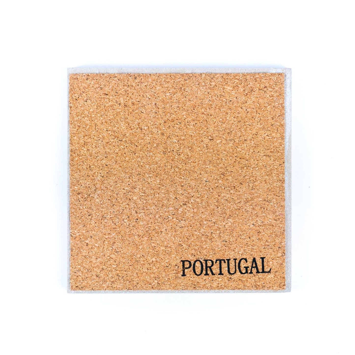The Meninas Bonitas Cork Tile-Inspired Ceramic & Cork Coasters - Set of 6 features square coasters with azulejo designs and PORTUGAL printed in black on a white background.
