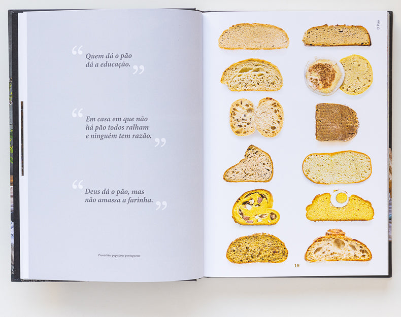 An open book from ObjectoAnonimo’s Bread, Olive Oil & Wine displays three Portuguese bread quotes on the left and twelve sliced breads on the right, ideal for pairing with olive oil in a Mediterranean diet.