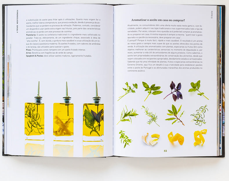 An open cookbook displays ObjectoAnonimo’s Bread, Olive Oil & Wine with herbs and garlic on a white backdrop; Portuguese text appears above, evoking Mediterranean flavors.