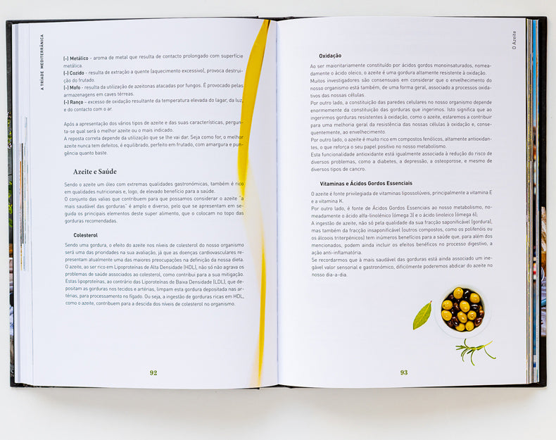 An open book titled Bread, Olive Oil & Wine by ObjectoAnonimo displays two pages in Portuguese about olive oils health benefits in the Mediterranean diet, featuring a small image of olives and leaves on the lower right page.