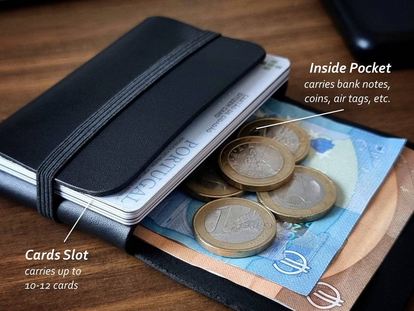 The Singular Leather Carbon Black Leather Wallet features an elastic band, fits up to 12 cards in an RFID slot, and stores euro coins and notes in an inside pocket, with labeled “Cards Slot” and “Inside Pocket” sections.