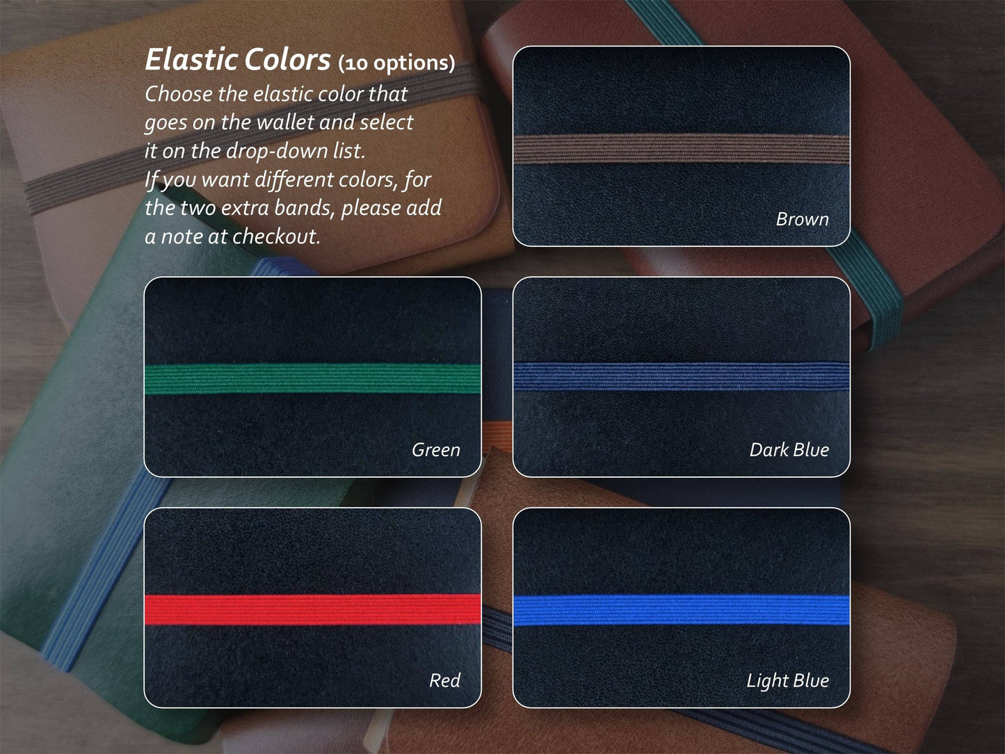 Five Singular Leather Carbon Black Leather Wallets with RFID protection are shown, each featuring a different elastic band color. Choose from 10 elastic band options for custom personalization.