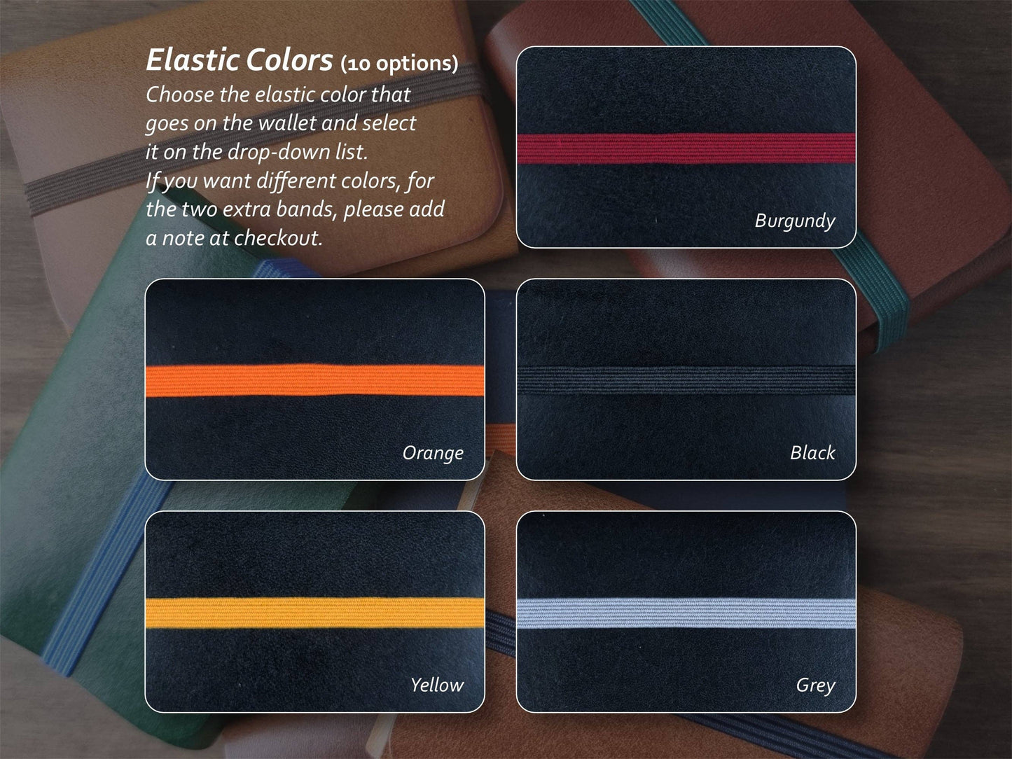 Five Carbon Black Leather Wallets by Singular Leather are shown, each with a different elastic band color: burgundy, orange, black, yellow, and grey. Select from ten elastic color options for your wallet at checkout.