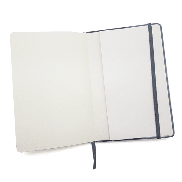 An open Tram Notebook by Terra Lusa, featuring a black cover, attached black ribbon bookmark, and elastic band, shown on a white background.