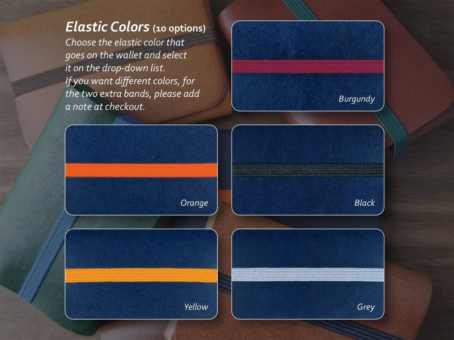 Five wallets with burgundy, orange, black, yellow, and grey elastic bands are shown on a genuine Singular Leather Marine Blue Leather Wallet. Faded options in the background emphasize customizable RFID protection.
