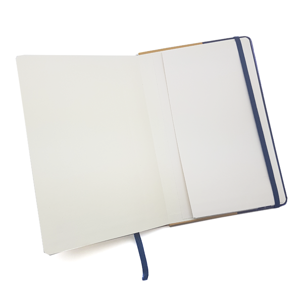 The Sardines Notebook by Terra Lusa, inspired by Portuguese Cultural Heritage, features blank white pages, a blue ribbon bookmark, and an elastic band around the cover, displayed open on a white background.