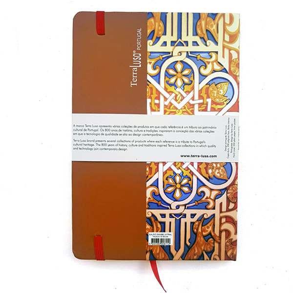 The Stained Glass Notebook by Terra Lusa features a decorative cover with colorful tile patterns, an orange spine, and a white band highlighting Terra Lusa's connection to Portuguese cultural heritage.