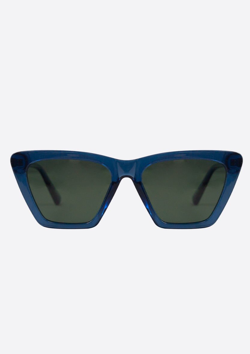 A pair of Oceanides Sunglasses (Polarized) - Perse Crystal Dark Blue Green with dark green polarized lenses and a shiny blue frame, displayed from the front on a plain white background.