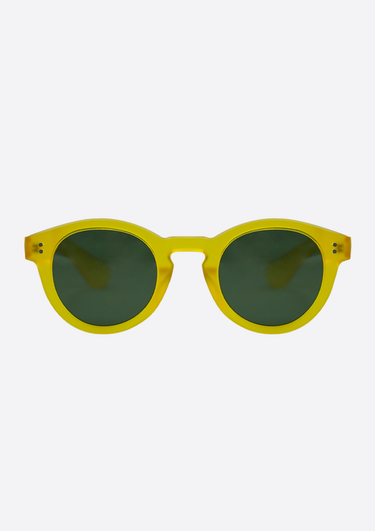 The Oceanides Sunglasses (Polarized) - Rodea Yellow Frosted feature an eco-friendly yellow round frame with dark green lenses, made from recycled plastic, displayed against a plain white background.