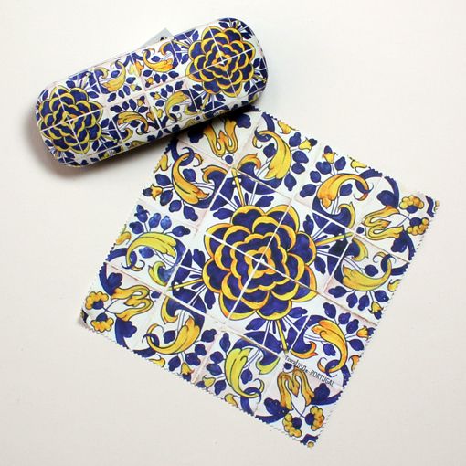 Terra Lusa’s Box For Glasses "Tile" Camellia, with a blue, yellow, and white Portuguese-inspired Camellia pattern, comes with a matching cleaning cloth and is displayed on a white background.