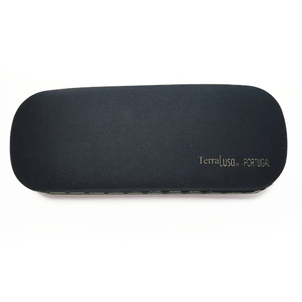 The "Tram" Glasses Case by Terra Lusa is a black rectangular case with rounded edges and gold "TerraLuso PORTUGAL" lettering, reflecting Portuguese cultural heritage.