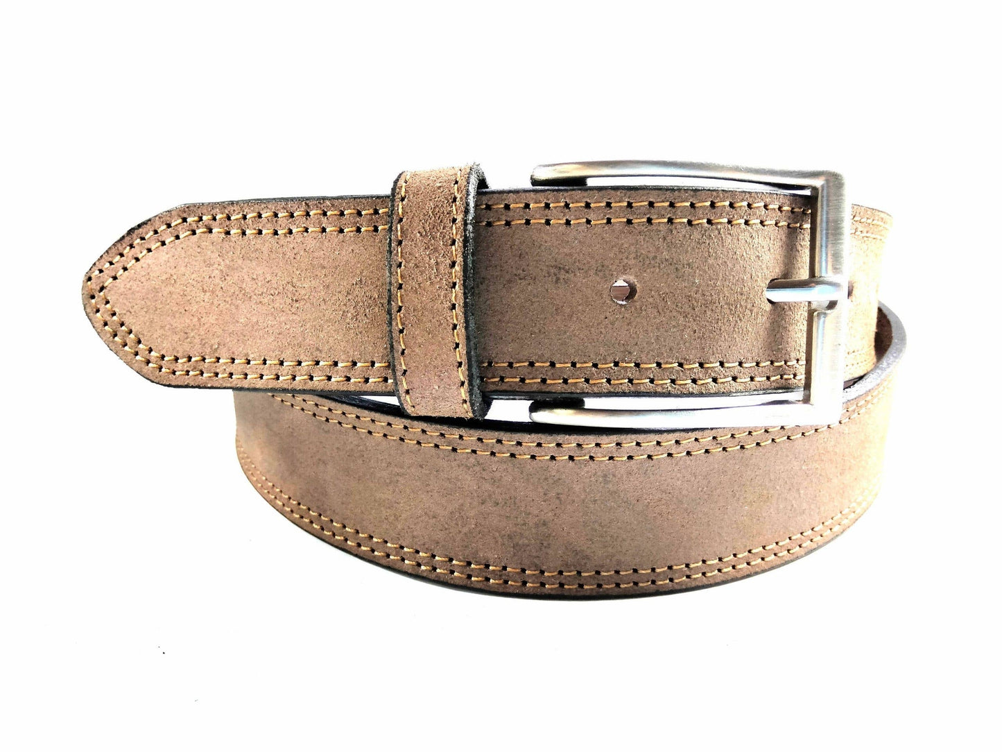 The Creaciones Corpas Handcrafted Nubuck Leather Belt 3.5 cm features light brown nubuck leather, visible stitching, a silver buckle, and a single loop, coiled in a circle on a white background.