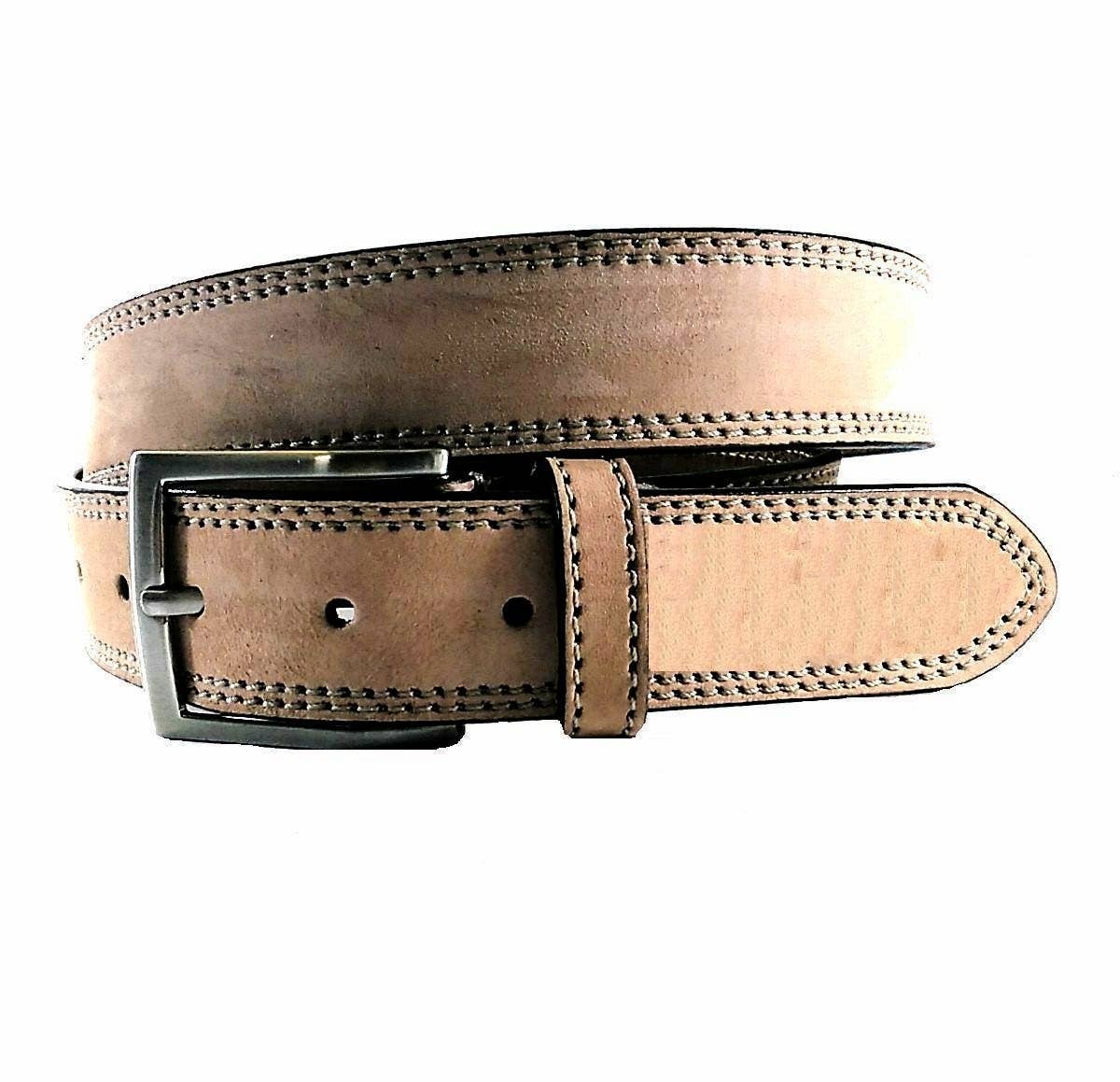 The Creaciones Corpas Handcrafted Nubuck Leather Belt 3.5 cm features light brown nubuck leather, visible stitching, and a silver rectangular buckle. Coiled neatly against a white background. Made in Spain.
