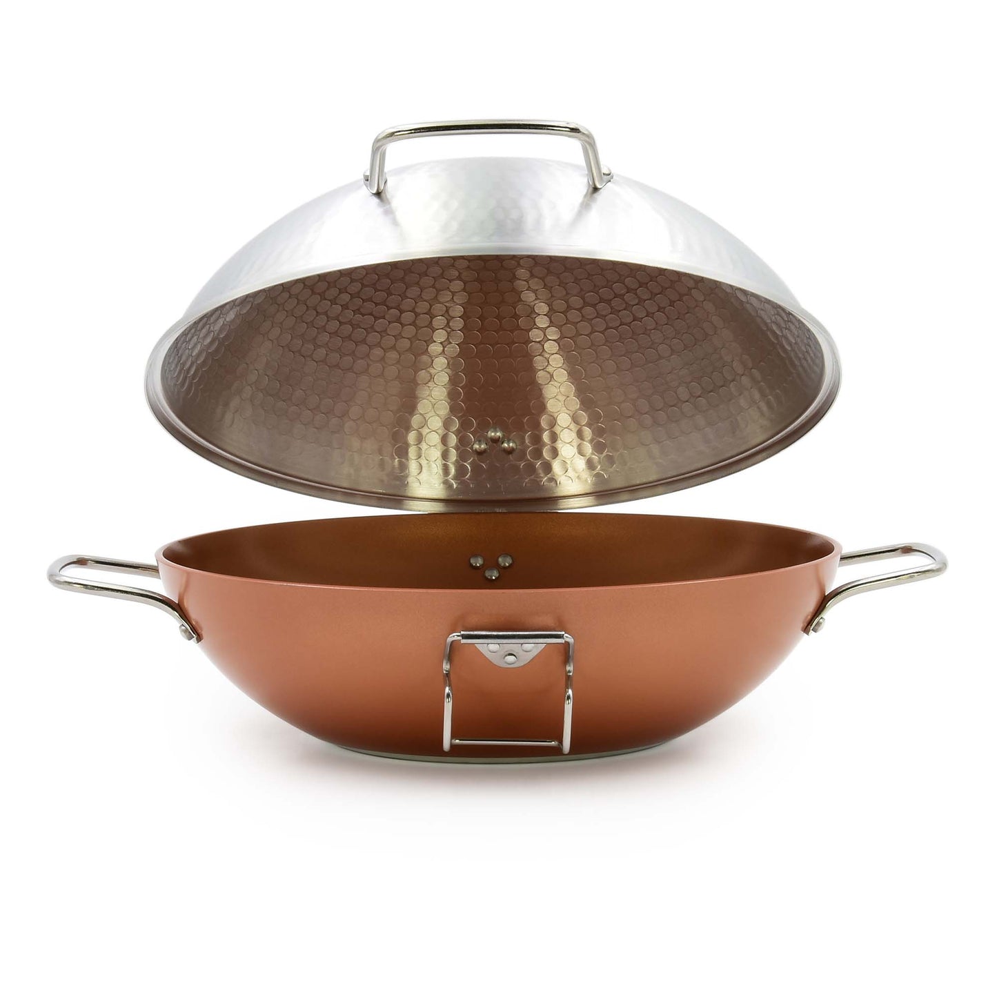The Celar Cataplana 28cm features a copper finish, side handles, and a hammered dome lid partially lifted to reveal the interior. Made in Portugal.