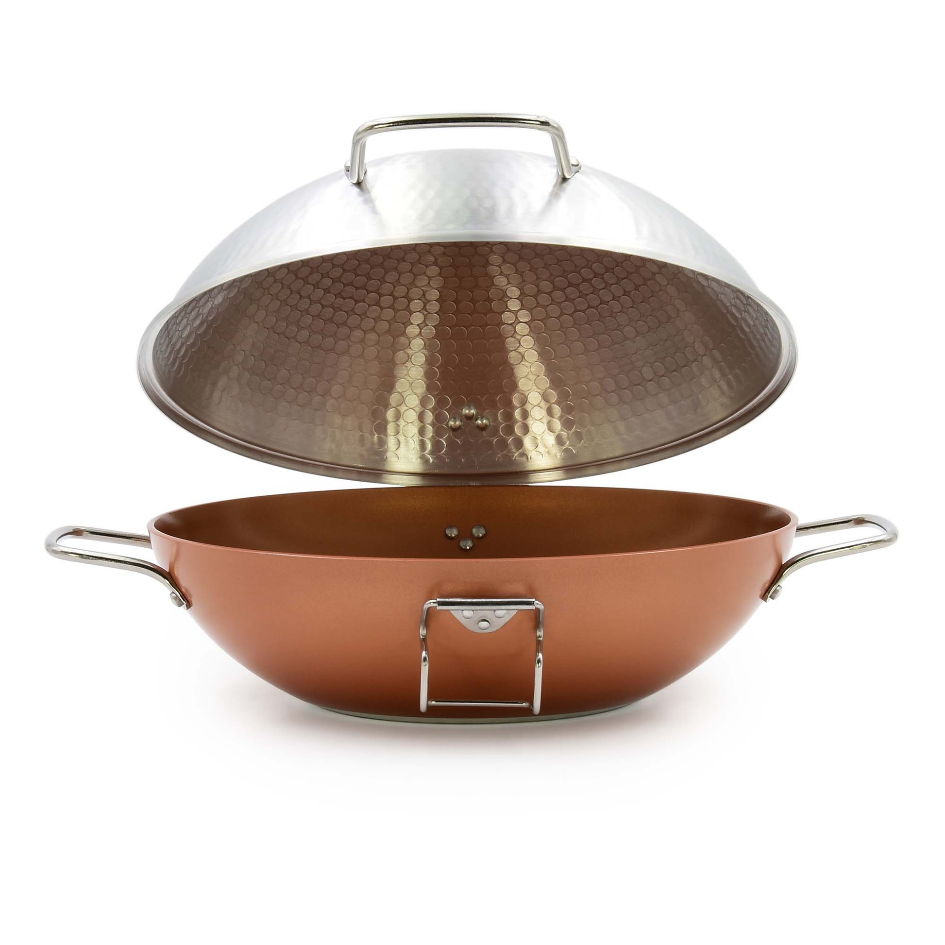 The Celar Cataplana 28cm features a copper finish, side handles, and a hammered dome lid partially lifted to reveal the interior. Made in Portugal.