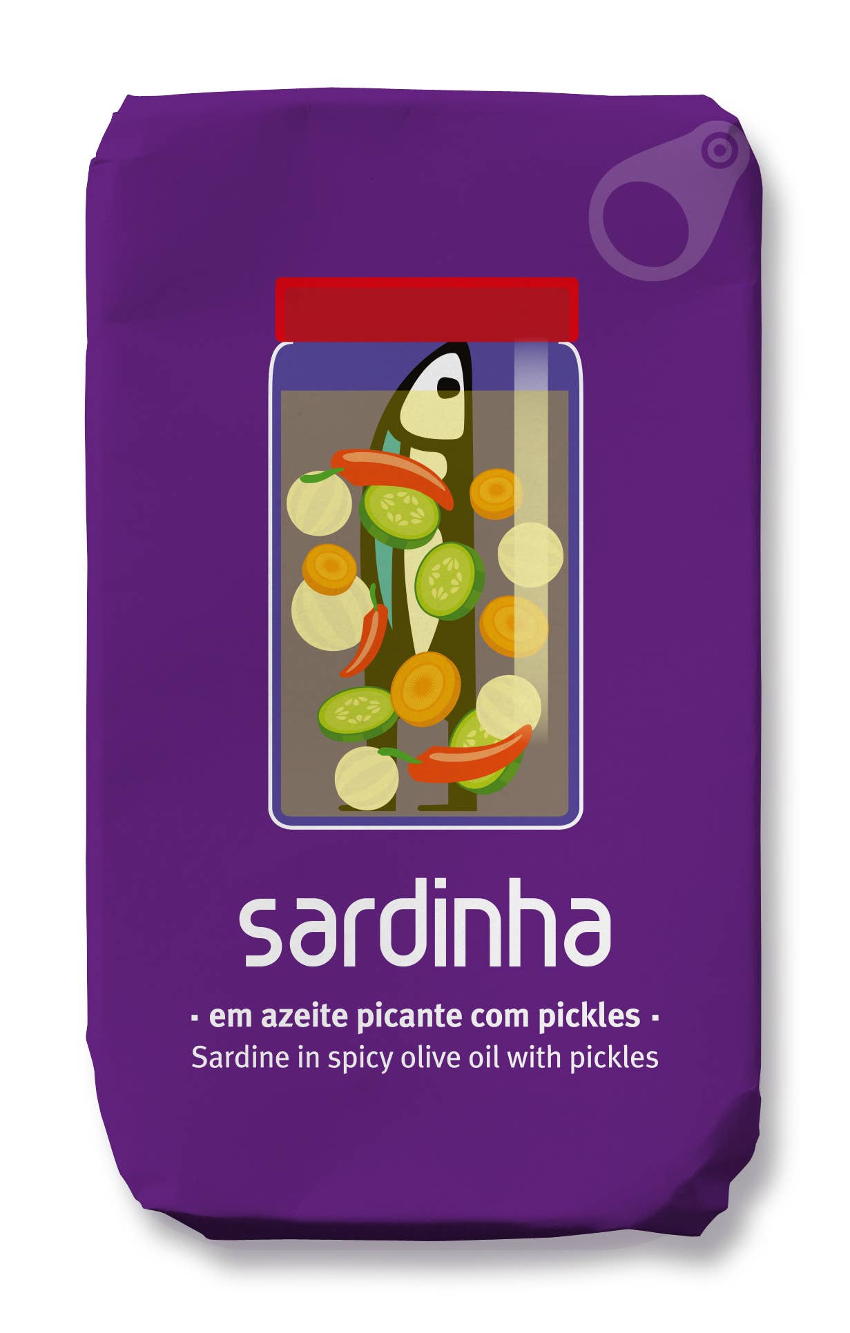 A purple tin of Sardinha brand sardines, labeled Sardine in spicy olive oil with pickles, features a sardine illustration and vibrant pickles. Rich in omega 3.
