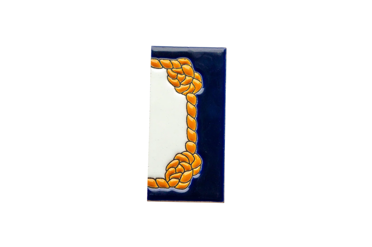 Marine Ceramic House Number & Letter Tile featuring a rectangular shape, a white center, a dark blue border, and a yellow rope motif in the style of Mediterranean house number tiles.
