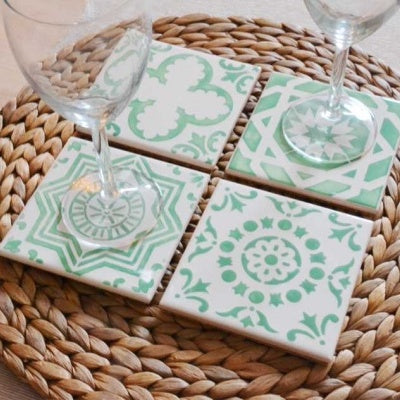 Coasters Set - Hand painted Green aqua tiles, Set A