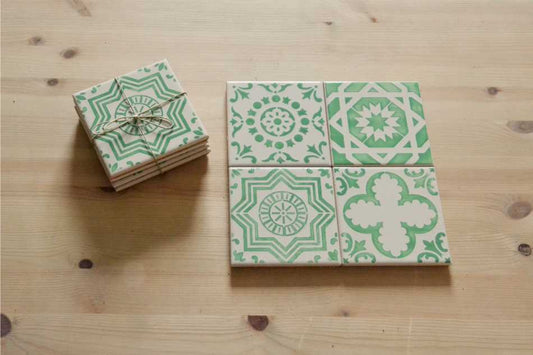 Coasters Set - Hand painted Green aqua tiles, Set A