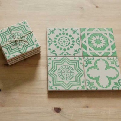 Coasters Set - Hand painted Green aqua tiles, Set A