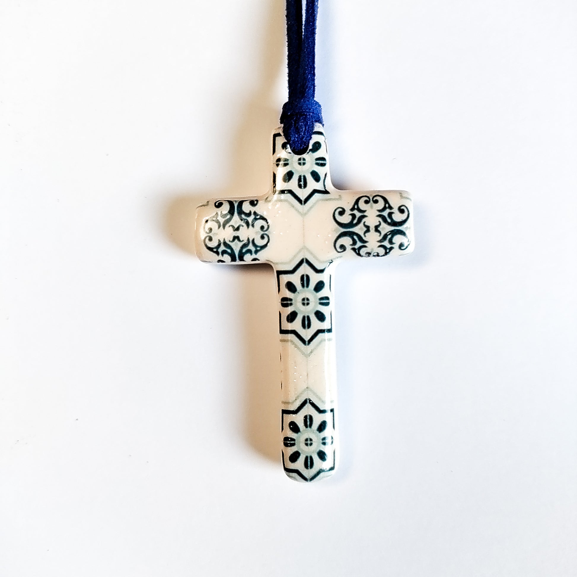 Handmade Brushed Ceramic Cross Necklace with Antique Portuguese Tile Design - CR-017 | Iberica - Pretty things from Portugal