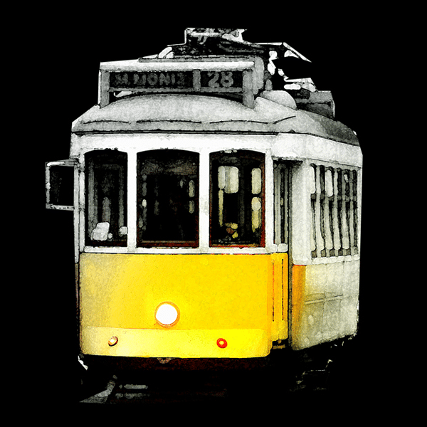 The Tram Notebook by Terra Lusa features a vintage yellow tram with a rounded front and large windows on a black background, its sign reading 28. Watercolor-style shading captures Lisbon charm and Portuguese heritage.