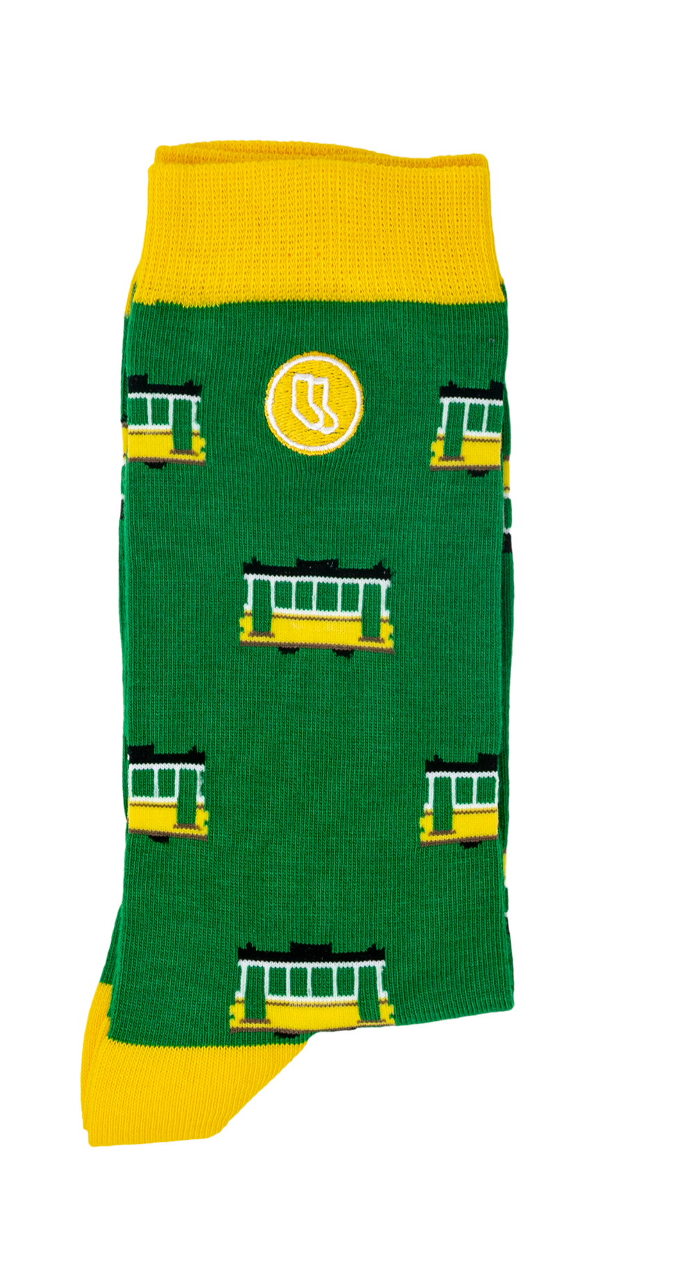 A playful green sock with yellow accents, featuring streetcar patterns and a logo, from Iberica - Pretty things from Portugal, makes a charming addition to the Lisbon Essentials Box—an ideal Lisbon-inspired gift.