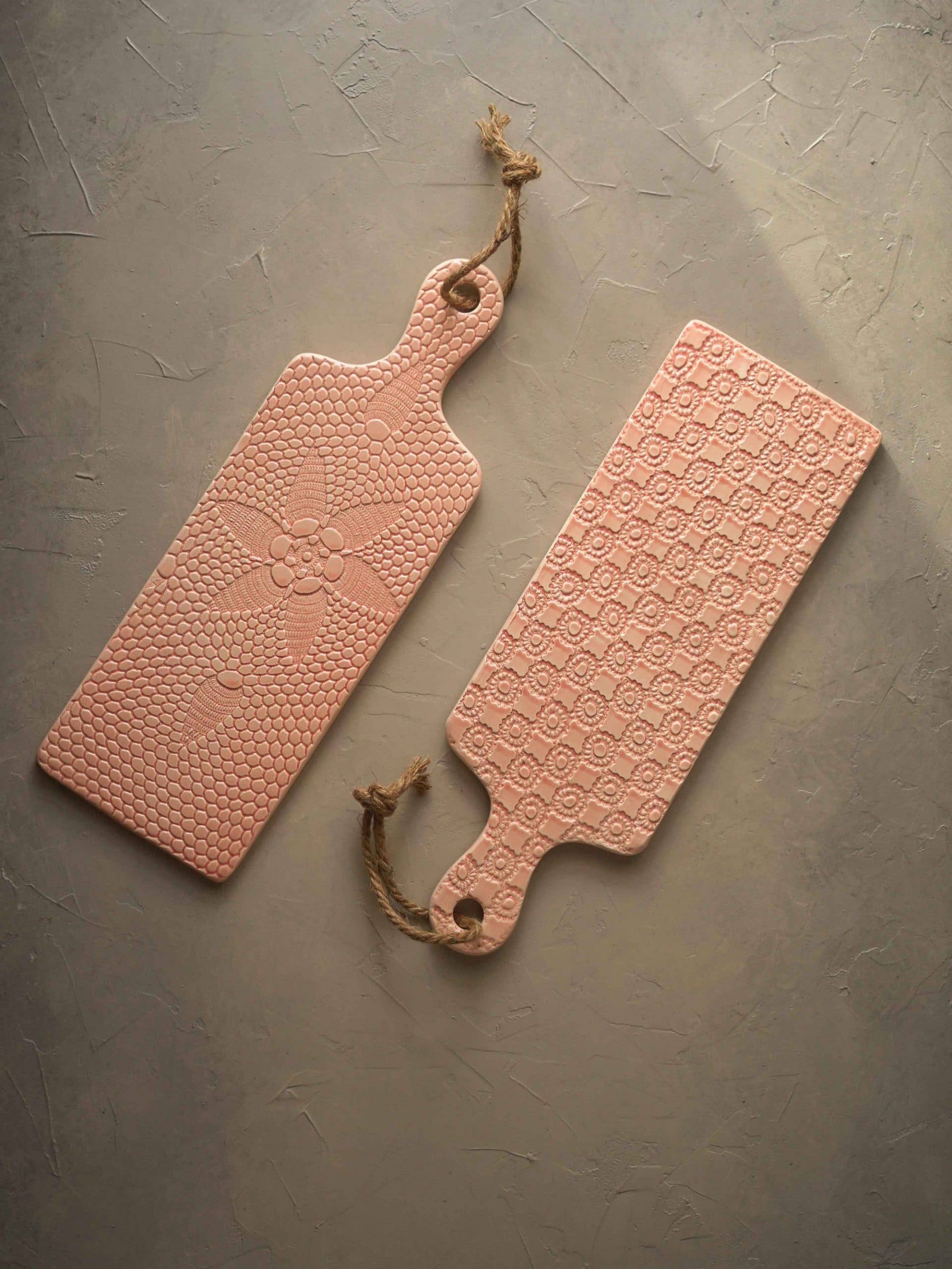 Pink crochet crafted porcelain boards