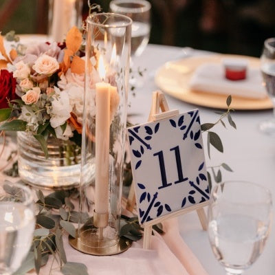 hand painted ceramic tile on wedding table