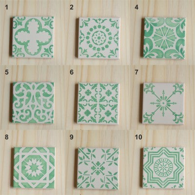 Coasters Set - Hand painted Green aqua tiles, Set A