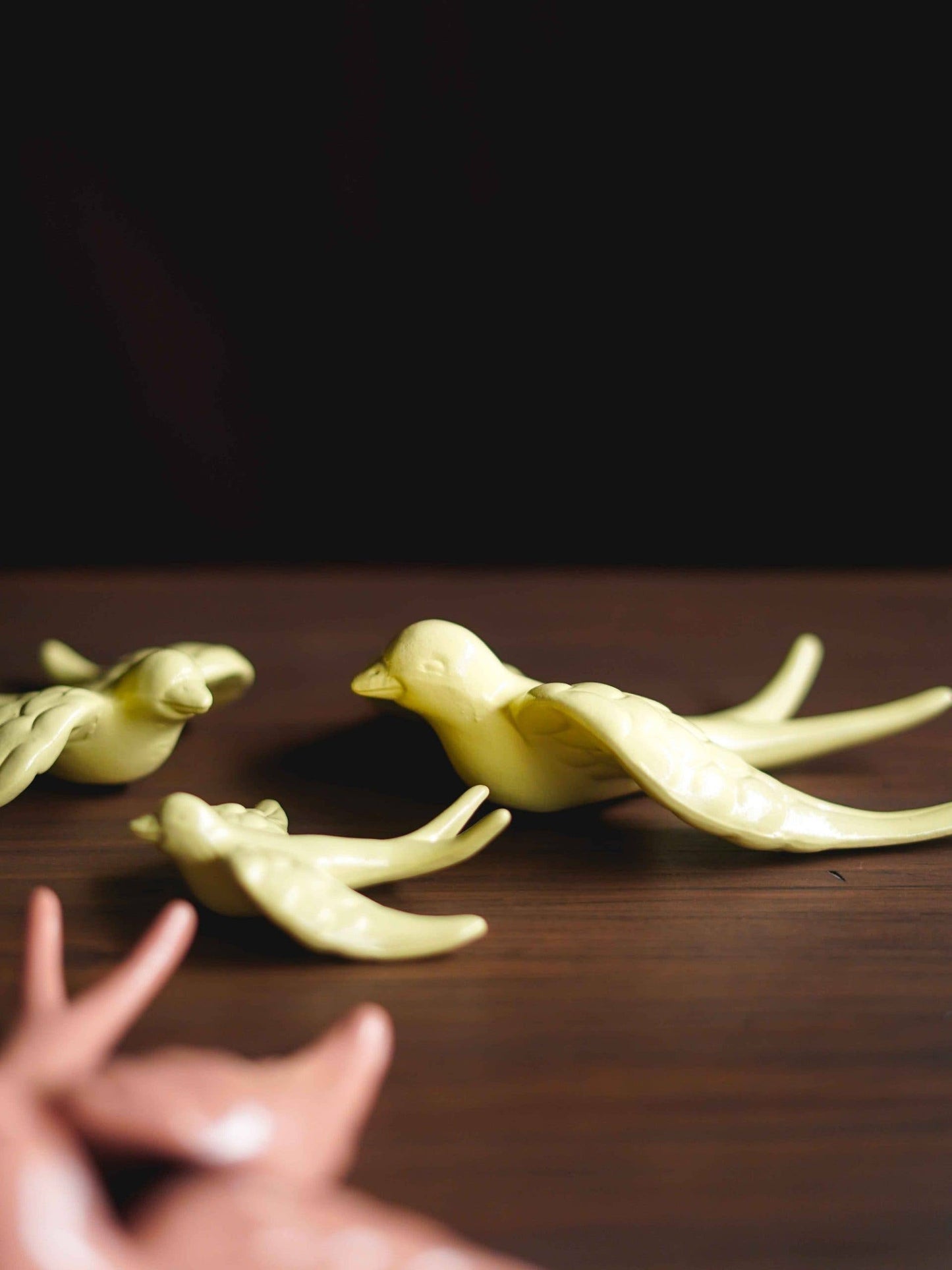 set of 3 hand painted swallows in yellow and rose