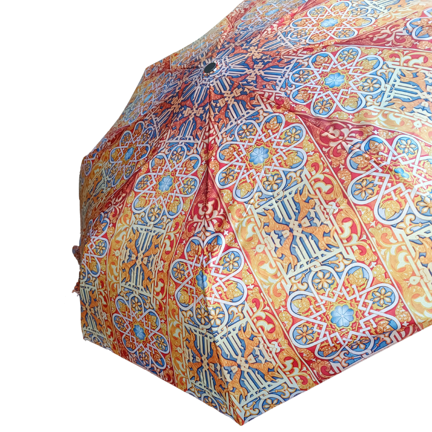 open umbrella with a stained glass design