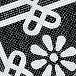 The Terra Lusa Sidewalk Umbrella features an abstract black and white pattern with flower shapes and looping lines over a textured, grid-like background inspired by classic calçada designs.