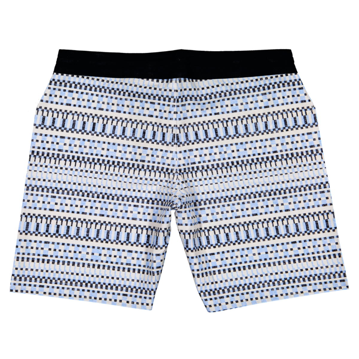 Catch waves along the Portuguese coast in the Futah Cacela Blue Boardshorts—men’s swimwear featuring a black waistband and a geometric pattern of blue, black, and white horizontal stripes.