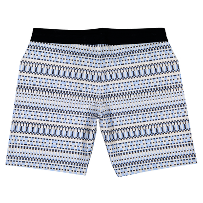 Catch waves along the Portuguese coast in the Futah Cacela Blue Boardshorts—men’s swimwear featuring a black waistband and a geometric pattern of blue, black, and white horizontal stripes.