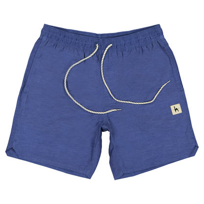 Futah’s blue Ericeira Volleys for men, featuring a white drawstring and a small beige patch with a bird logo on the left leg, made in Portugal and displayed flat on a white background.
