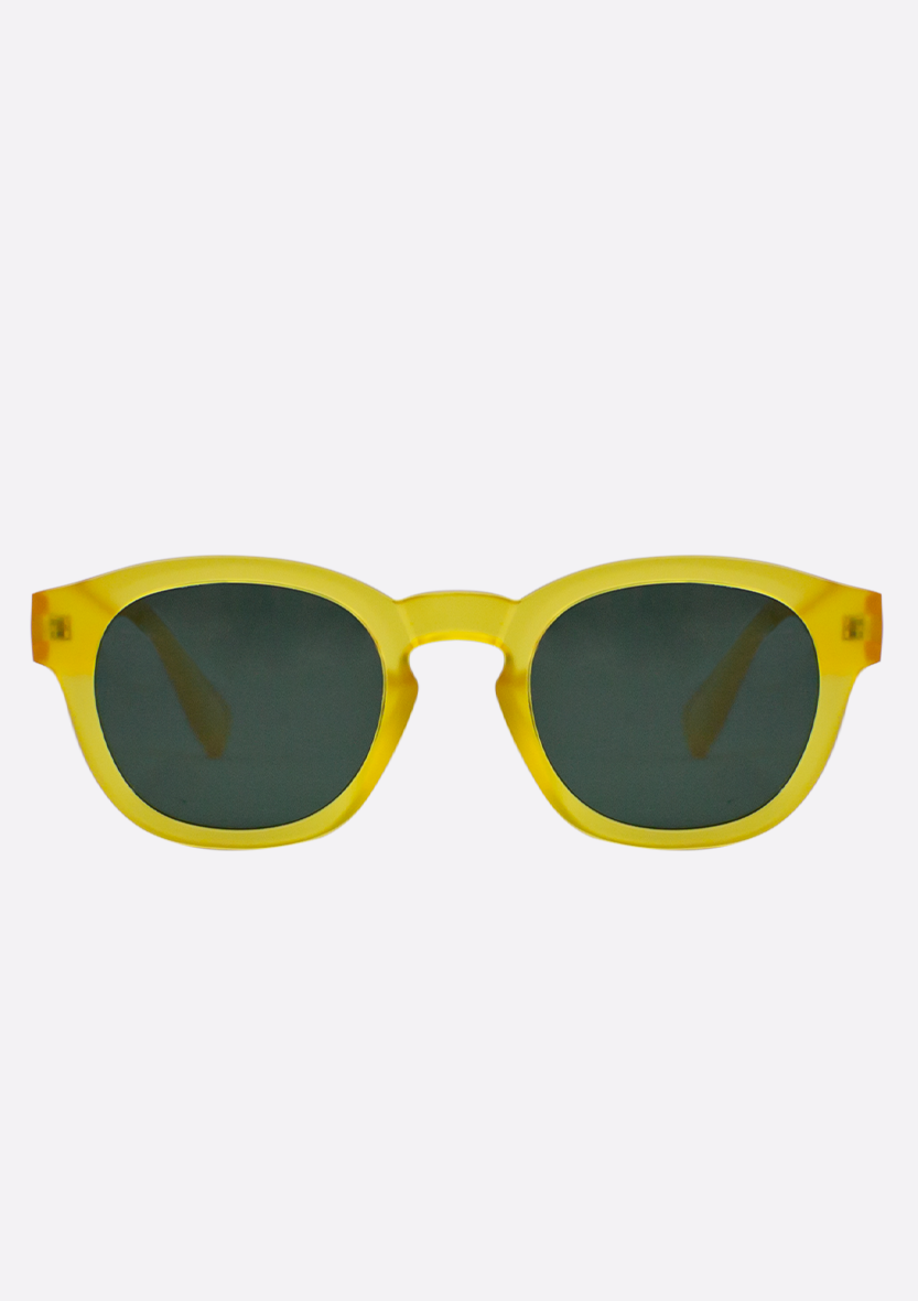 The Oceanides Atlas Yellow Frosted Sunglasses feature dark tinted lenses and a recycled plastic frame, shown against a plain white background.