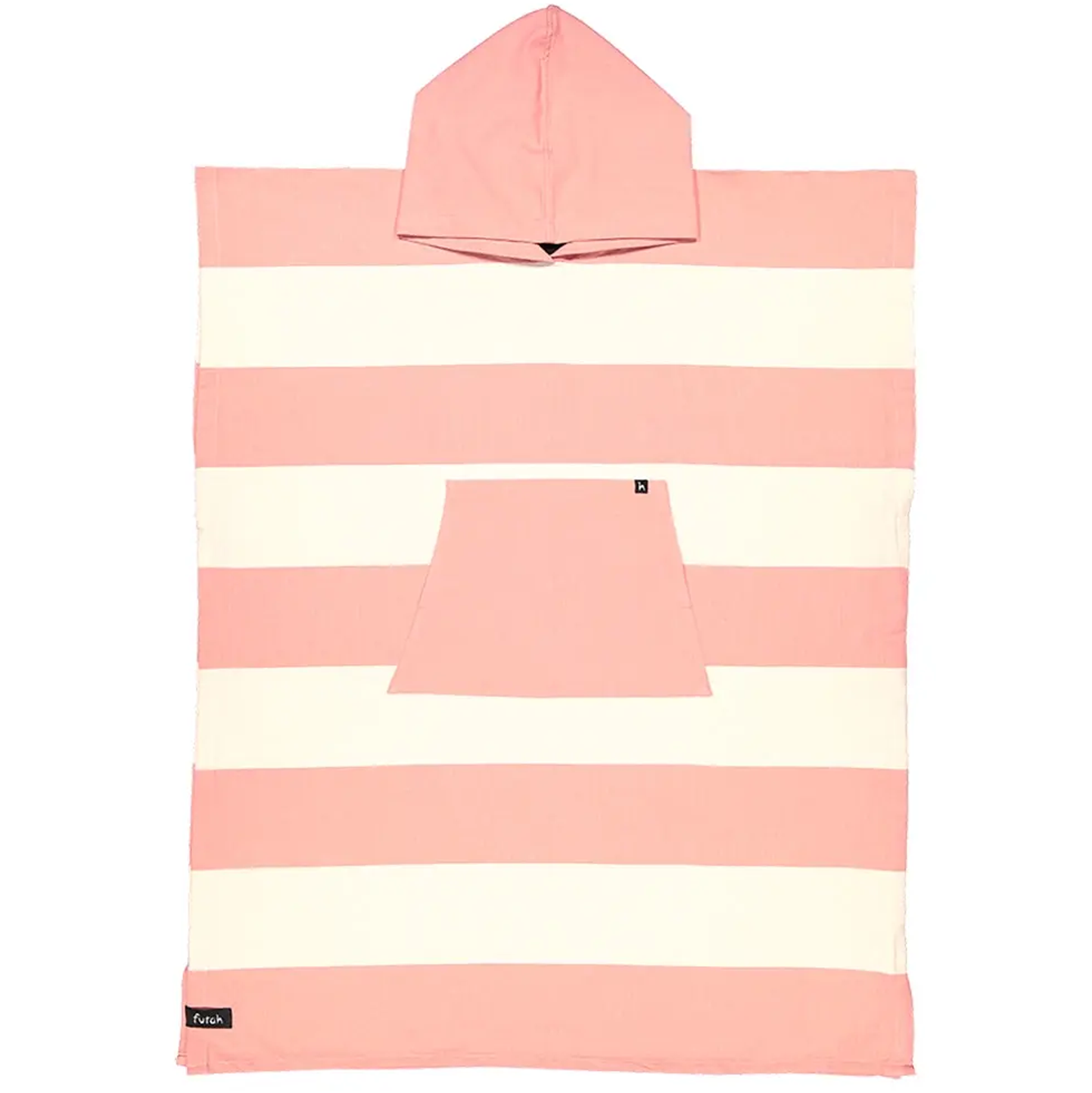 Introducing the Bedu Cotton Beach Poncho by Futah—a premium Portuguese surf and beach poncho crafted from soft cotton, featuring wide horizontal pink and white stripes and a practical front pocket. Shown here laid flat on a white background, this hooded towel poncho offers both comfort and vibrant style, making it an ideal companion for your seaside adventures.