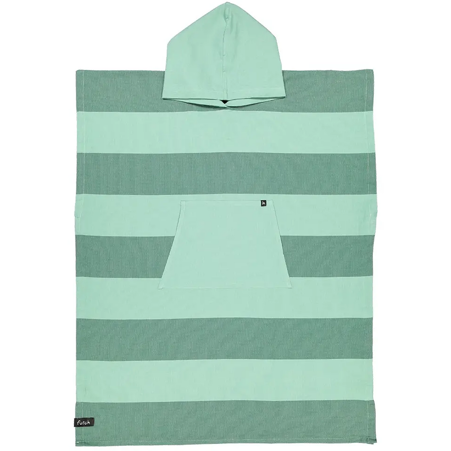 The Bedu Cotton Beach Poncho – Premium Portuguese Surf & Beach Poncho by Futah is shown flat against a white background, featuring mint green and light green stripes with a front pocket. Inspired by classic Portuguese beachwear, this cotton surf poncho blends comfort and style for all your seaside adventures.