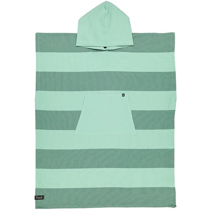 The Bedu Cotton Beach Poncho – Premium Portuguese Surf & Beach Poncho by Futah is shown flat against a white background, featuring mint green and light green stripes with a front pocket. Inspired by classic Portuguese beachwear, this cotton surf poncho blends comfort and style for all your seaside adventures.