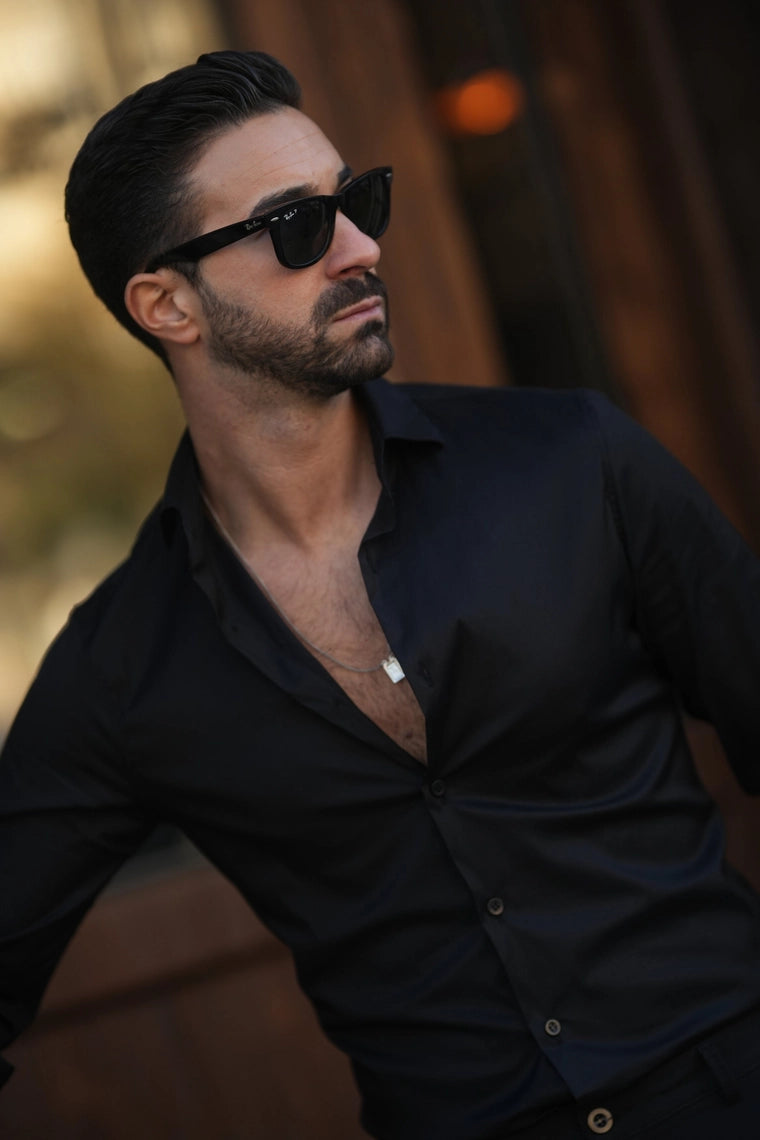 Black Elastic Slim Fit Shirt