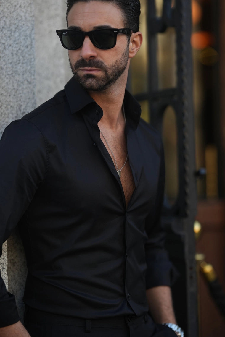 Black Elastic Slim Fit Shirt