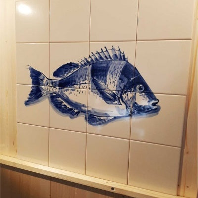 Portuguese Tile Mural, Fish, hand painted in cobalt blue