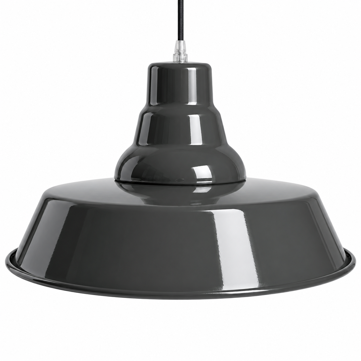 A glossy Charcoal metal pendant light with a wide, shallow dome shade and a matching central canopy, suspended by a black cord against a plain white background.