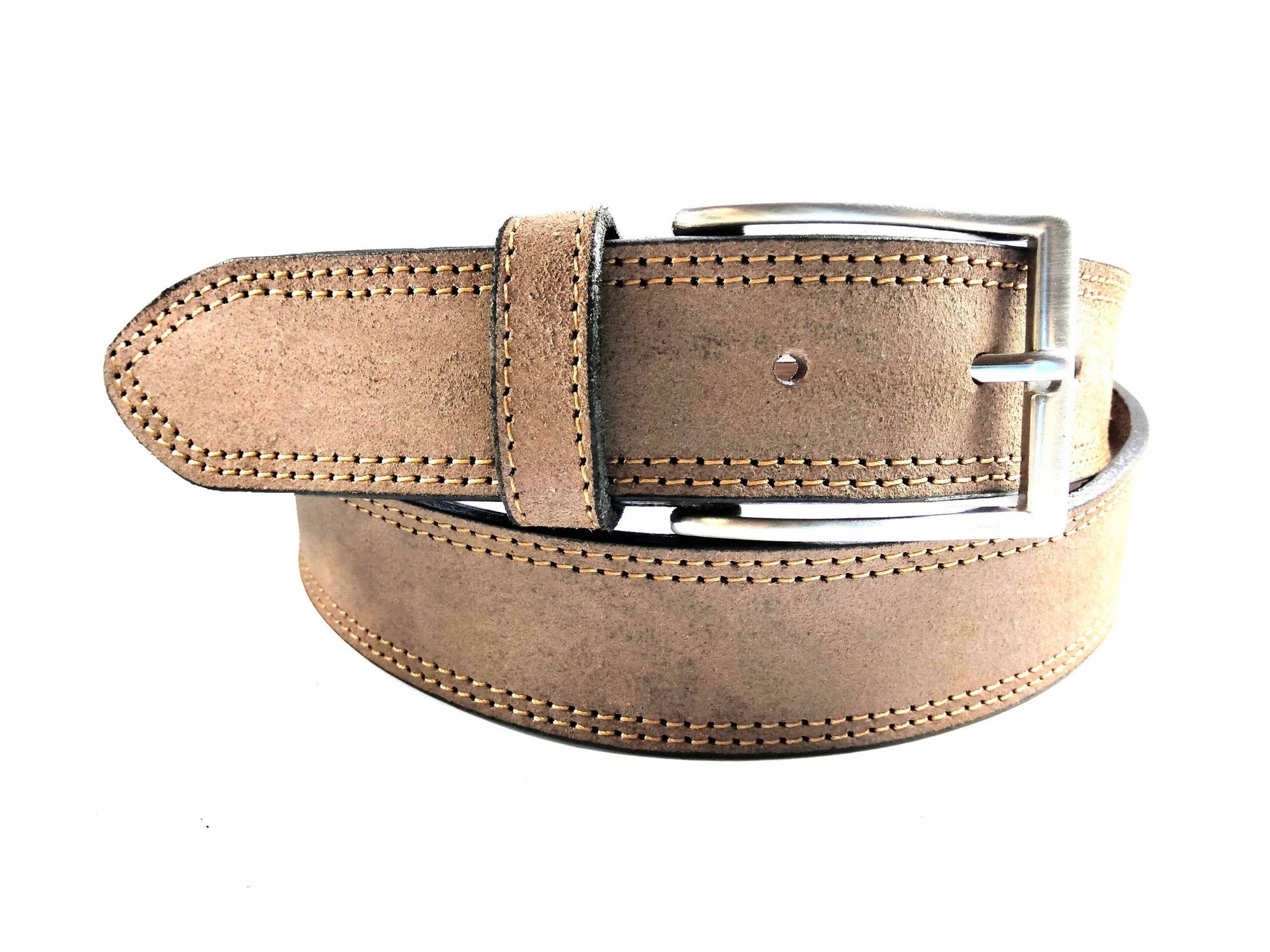 The Creaciones Corpas Handcrafted Nubuck Leather Belt 3.5 cm features light brown nubuck leather, visible stitching, a silver buckle, and a single loop, coiled in a circle on a white background.