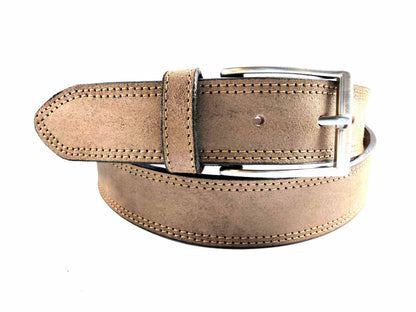 The Creaciones Corpas Handcrafted Nubuck Leather Belt 3.5 cm features light brown nubuck leather, visible stitching, a silver buckle, and a single loop, coiled in a circle on a white background.