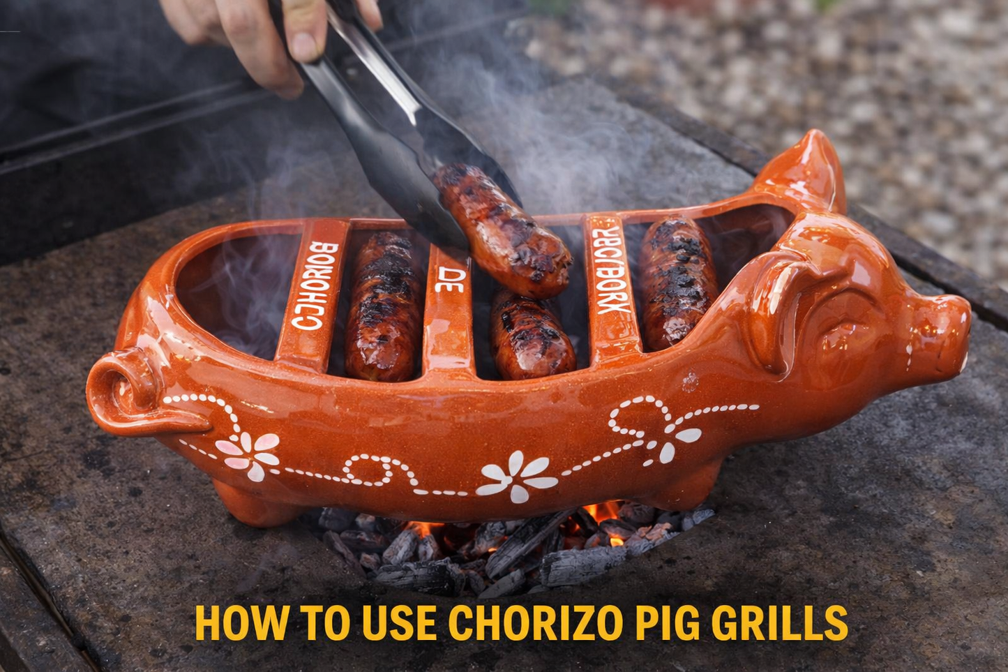 A hand uses tongs to grill smoked sausage over an open flame on the Ceramica Picas Chorizo Pig Griller Dish, which has labeled sections. Text at bottom: How to use chorizo pig grills.